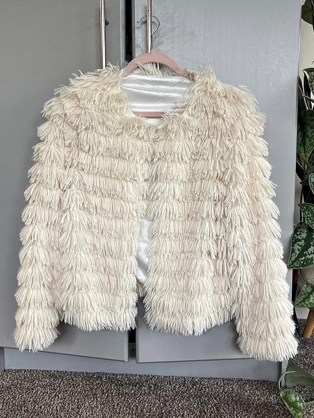 Women's Fringe Teddy Jacket in Cream Like New